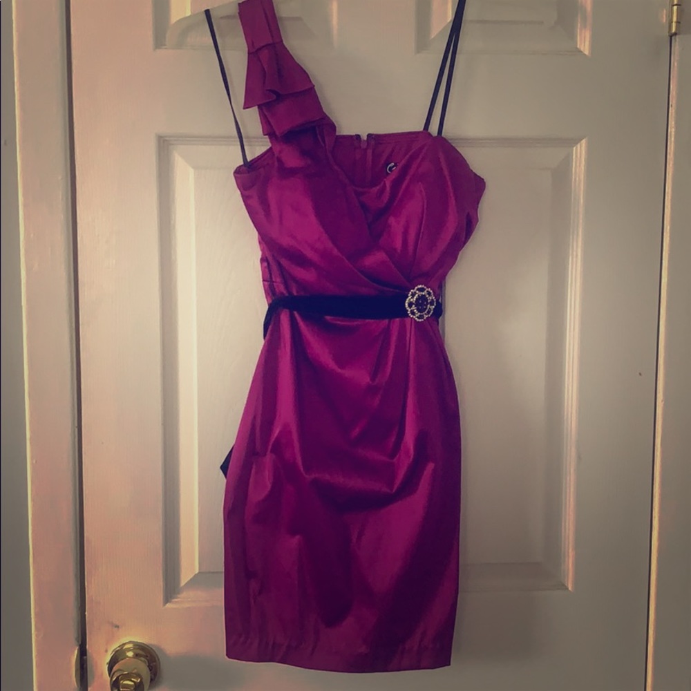 Purple one sleeved semi formal dress